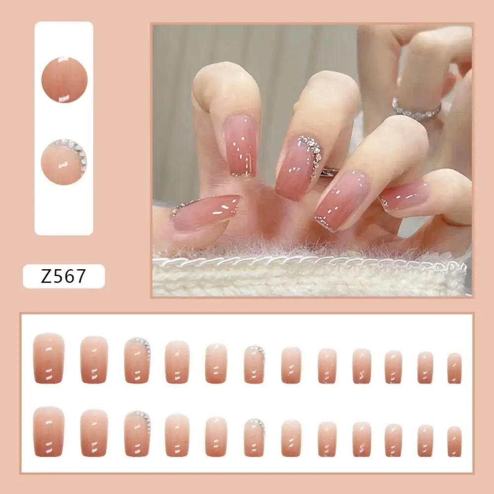 24pcs Nail Tips Press on Nails DIY Gradient Pink Blue Silver Glitter French False Nails Long Square