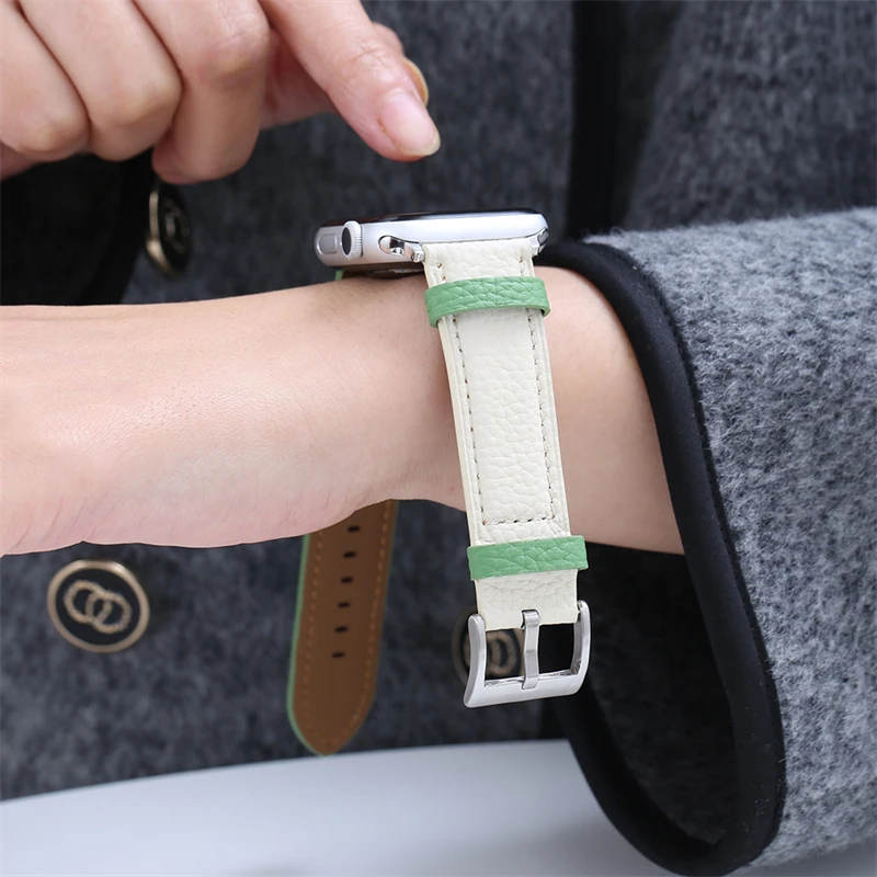 Leather Strap For Apple watch series 8 7 6 5 4 3 2 1 Lychee Pattern