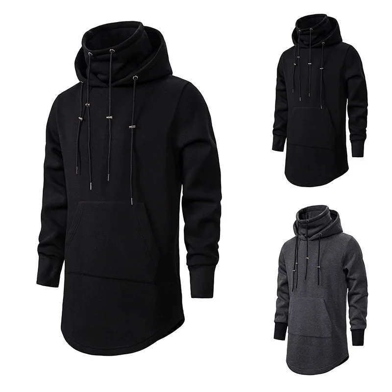 Men's Slim Long Section High Collar Hooded Sweatshirt Cotton Casual Pullover