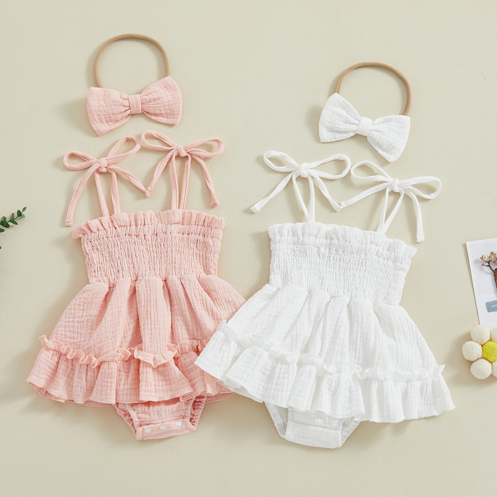 Toddler Baby Girls Summer Romper Dress Casual Sleeveless Shoulder Strap Bodysuits with Hairband Children 0-18 Months Outfits 1