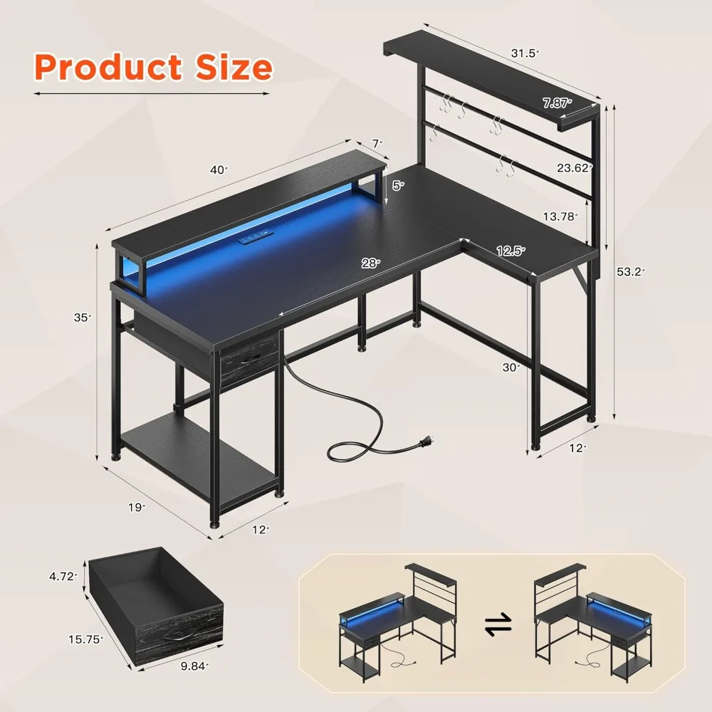 52" W Gaming Desk with Drawers Stable L Shaped Desk with 3 Power Outlets,USB Port & Type-C Port,L Shaped Gaming Desk 2