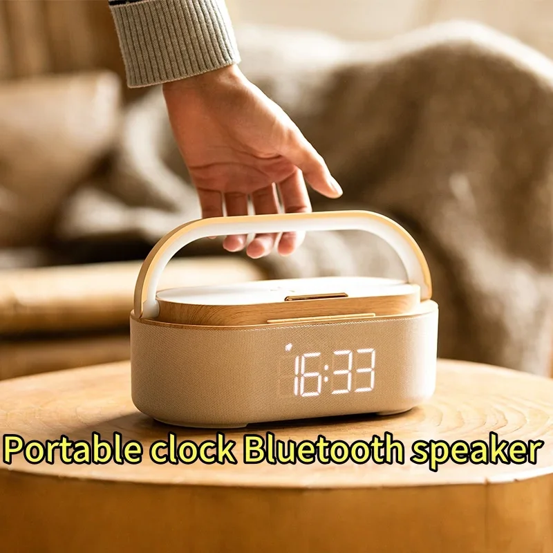 

Bedroom Digital Alarm Clock with FM Wireless Fast Charger Wooden Bluetooth Speaker Caixa De Som Desktop Stereo Surround Boombox