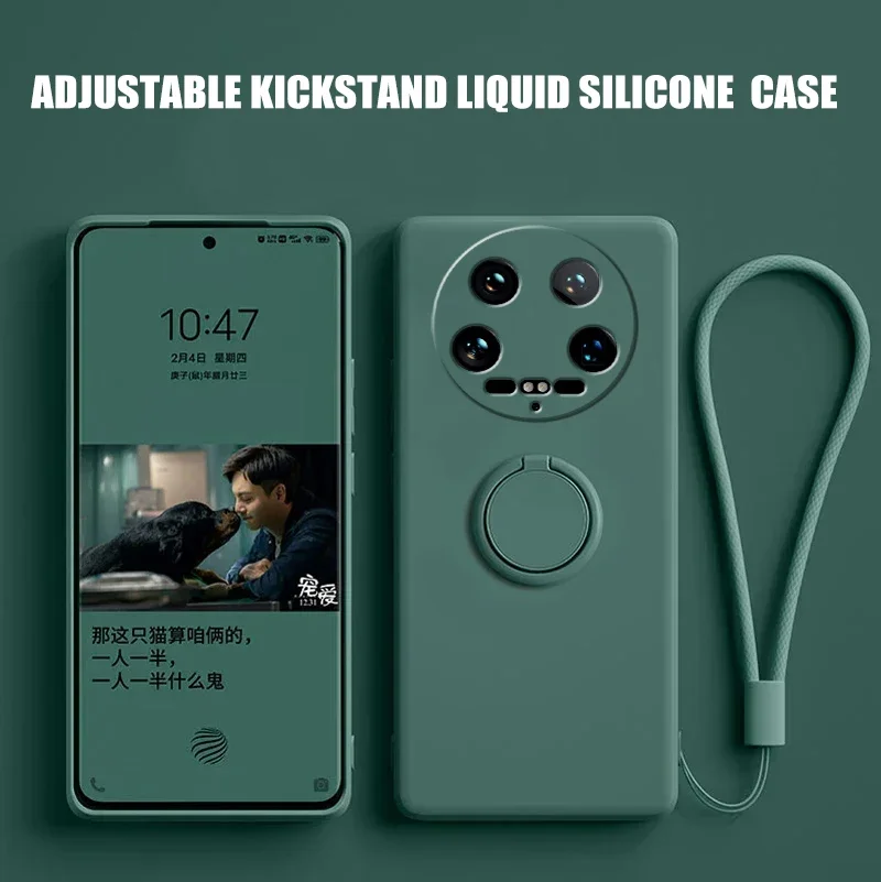 Liquid Silicone Ring Stand Phone Case with Lanyard and Magnetic Soft TPU Cover