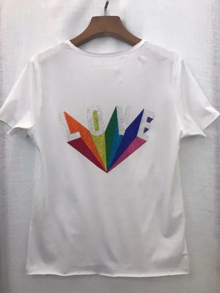 

Women T-shirt 2020 Summer Ladies V-neck T-shirt Colorful Rhinestones Letters Simple Fashion Women Clothes