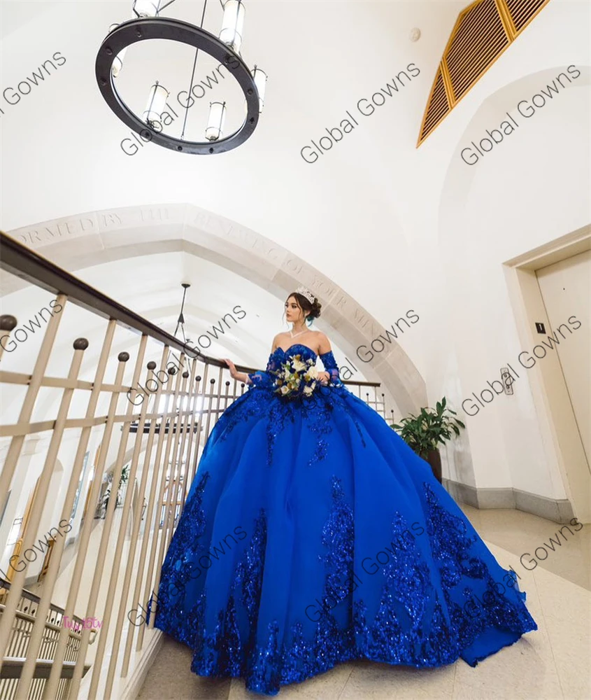 Mexico Royal Blue Sweetheart Ball Gown Quinceanera Dress Sequin Birthday Party Gowns With Sleeve Sweet 16 Robe De Bal