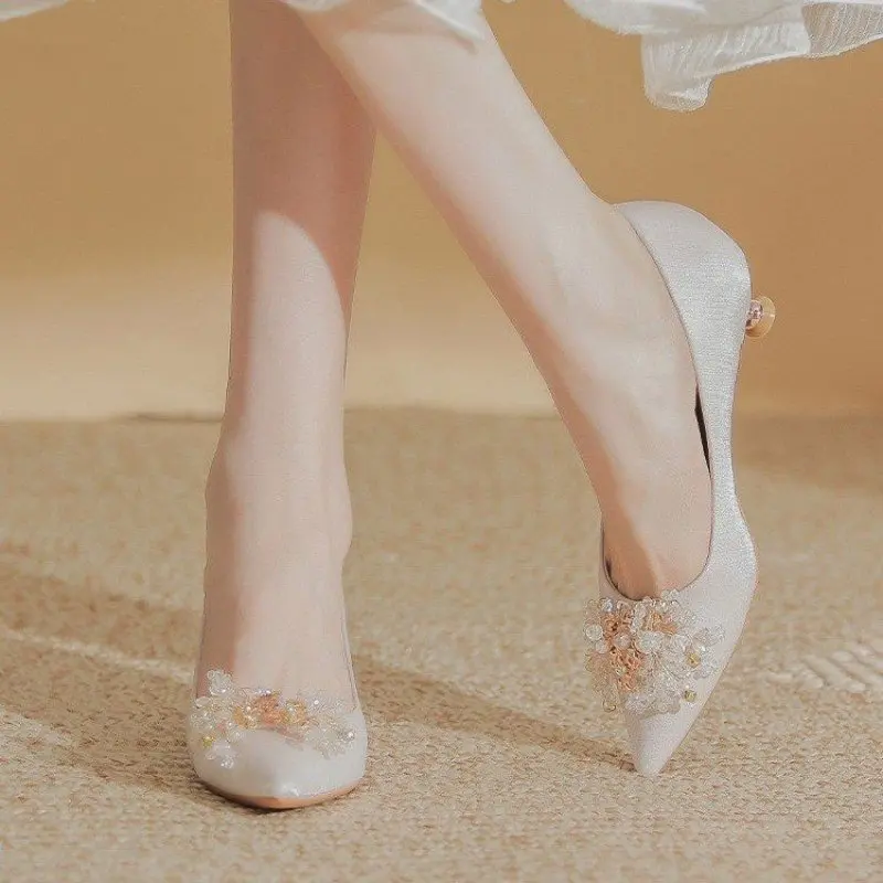 Spring Casual Wedding Bride Rhinestone Gold Fashion High Heels Metal Buckle Sexy Work Shoes Size 35-40 Female Shoe High Heel