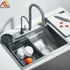 Waterfall Kitchen Sink 201 Stainless Steel Sink Large Single basin With Large Single Slot Sink Above Counter With Cup Disher 1