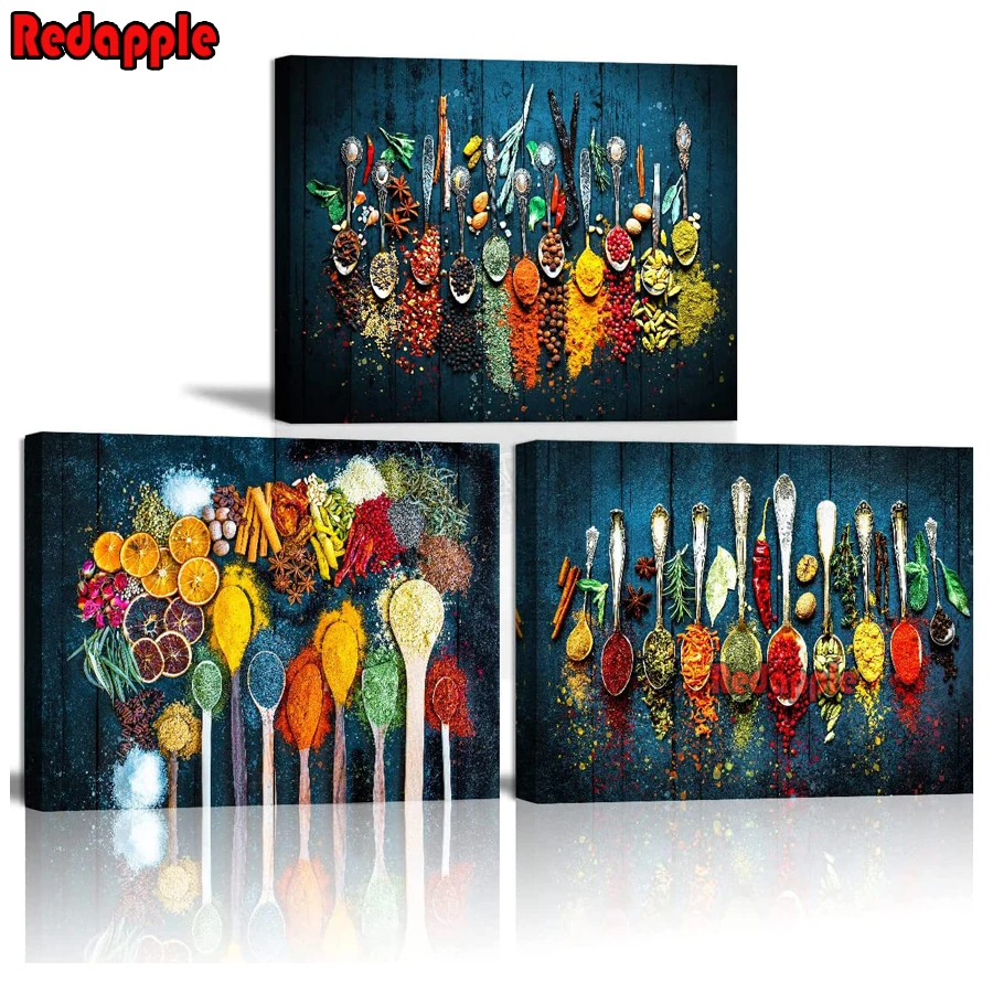 

5D Diamond painting for kitchen, wall decoration, colorful spoons, spices, seasoning, food, cross stitch kit, full drill, 3 PCs