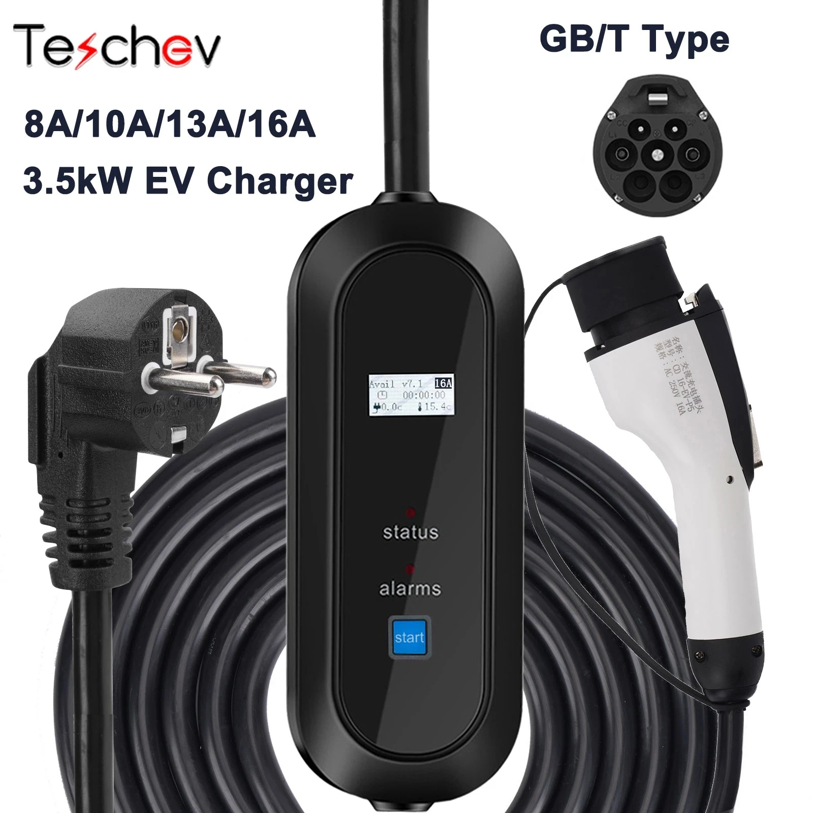 Teschev Livello 2 Ev Charger Gbt Plug 16A 1P 3.6Kw Wallbox Cable 5M Per Veicoli Elettrici China Cars 8/10/13/16A Schuko Plug