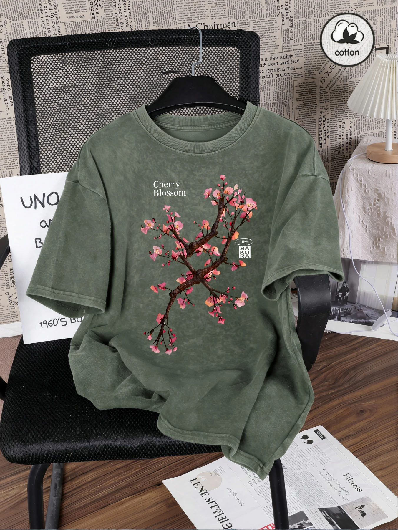Tokyo Harajuku Kirschblüten-Druck, gewaschene T-Shirts für Damen, Baumwolle, lässiges T-Shirt, Y2K, Sommer, kurze Ärmel, Übergröße, Rundhalsausschnitt – Detail 11