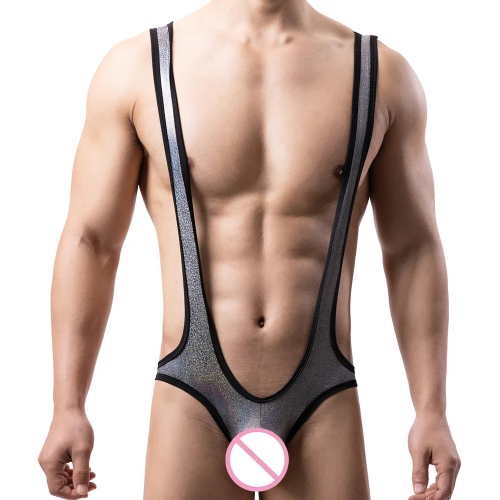 Men Undershirts Lingeries Bodysuit Men's Shiny Bulge Pouch Underwear Wrestling Singlets Leotards Gay Bodysuit Pole Dance Costume