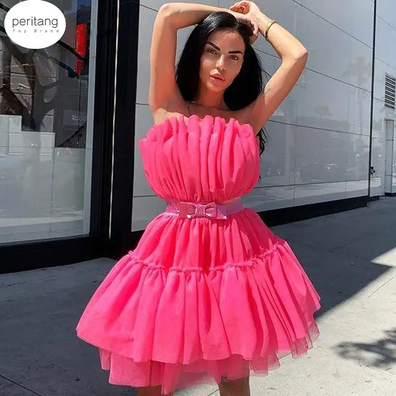 

Mesh Lace Up Bandage Dress Strapless Fashion Ball Gown Club Party Dresses Women Summer Bow Sexy Dresses Vestidos Female