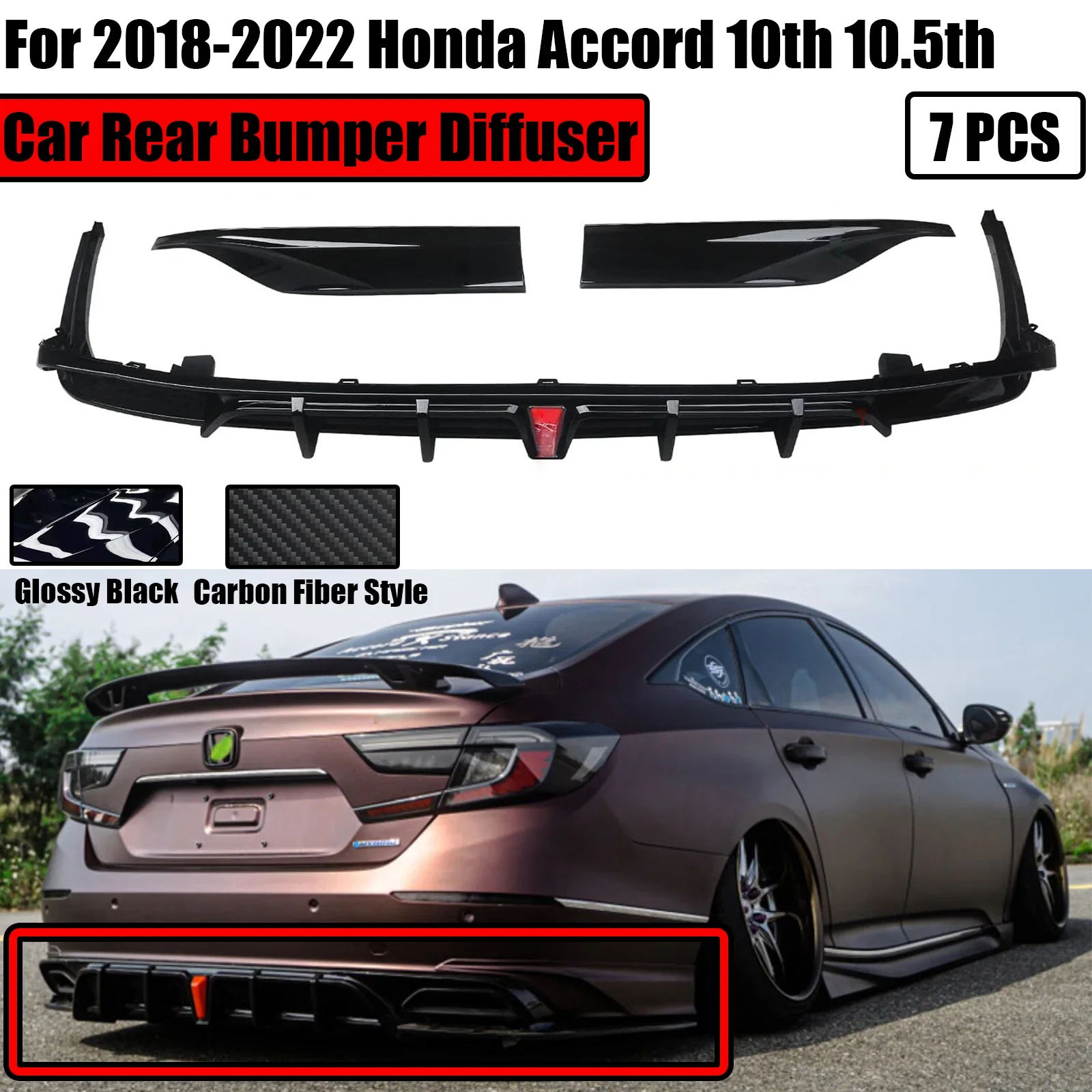 

7PCS For 2018-2022 Honda Accord 10th Rear Bumper Diffuser With LED Spoiler Corner Apron Splitter Carbon Fiber Style