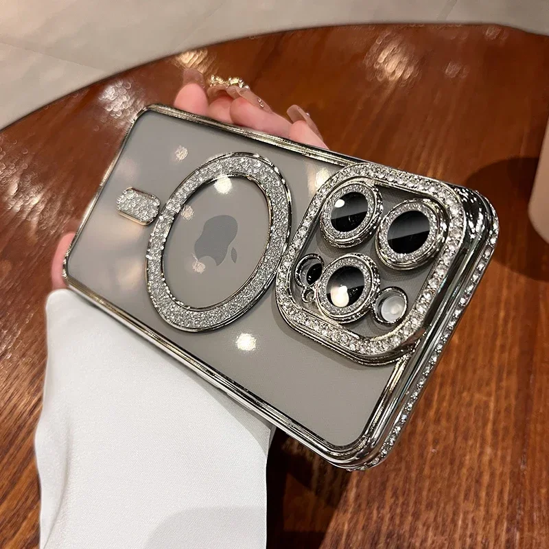 thumbnail image 1 of Magnetic Diamond Glitter Bling Case for iPhone 15 14 13 12 11 Pro Max Plus Rhinestone Electroplated Jewelled Transparent Cover, 1 of 5