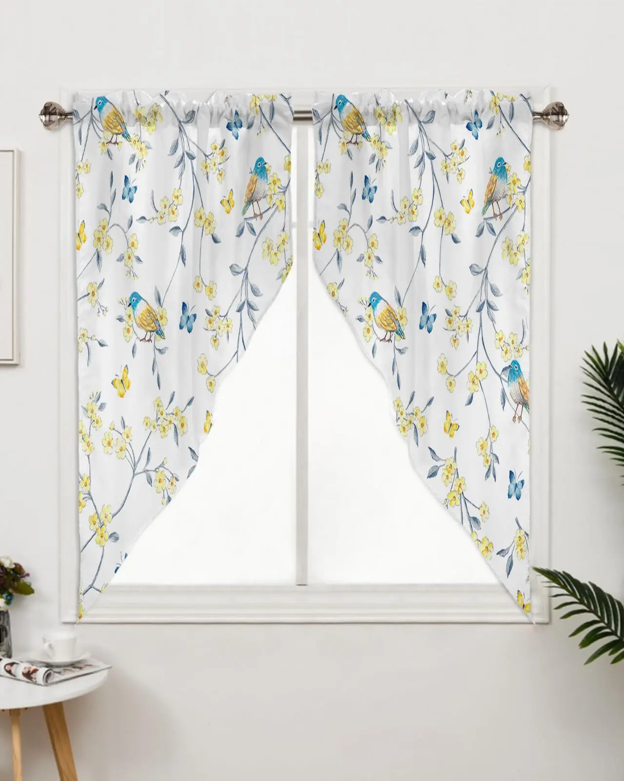 Floral Botanical Rod Pocket Kitchen Valance Curtains Yellow Floral Branch Scalloped Swag Curtains Living Room Bathroom Window 3