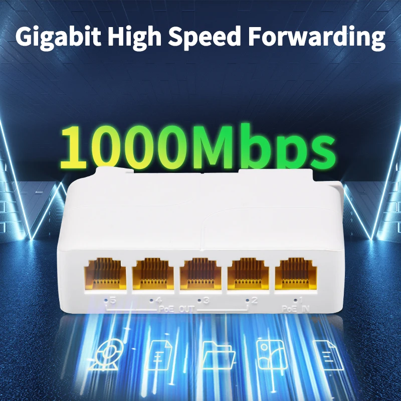 HORACO 5 Port Gigabit POE Extender 4 Port PoE Repeater 100/1000Mbps DIN Rail Network VLAN for 48V POE Camera Wierless AP CCTV 4