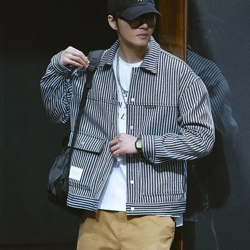 Spring High Street Casual Vintage Stripe Men Printing Jacket Loose Trend All-match Large Size Affordable Lapel Collar Coat mens jacket