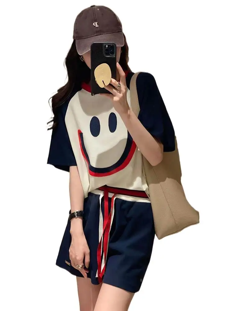 

Smiley Face Embroidered Shorts 2 Piece Sets Women Outfit 2023 Summer New Loose Short Sleeved Tshirt Shorts Casual Tracksuit Suit
