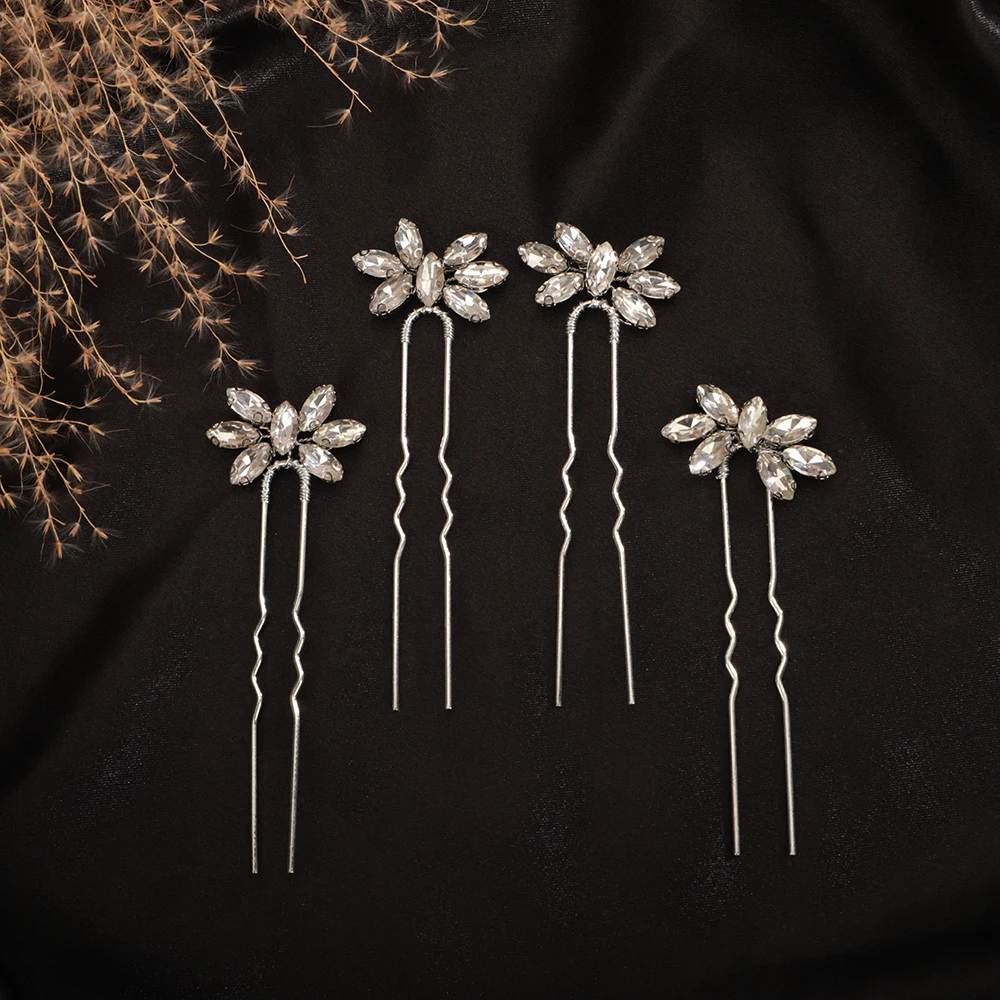 Trendy Bridal Pin Pink Silver Simple 4PCS Bridal Hairpins Rhinestones Wedding Hair Pins Wendding Ladies Hair Accessories Jewelry