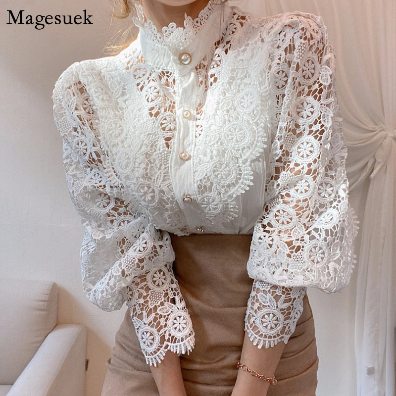 Vintage Cotton White Lace Women Shirt Tops Loose Casual