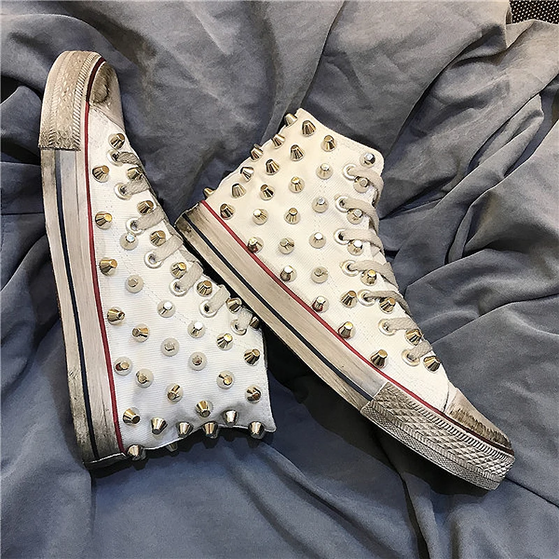 Classic High-top Rivet Distressed Canvas Shoes For Men And Women Dirty Shoes Hip-hop Vulcanized Sneakers Large Size Casual Shoes 6
