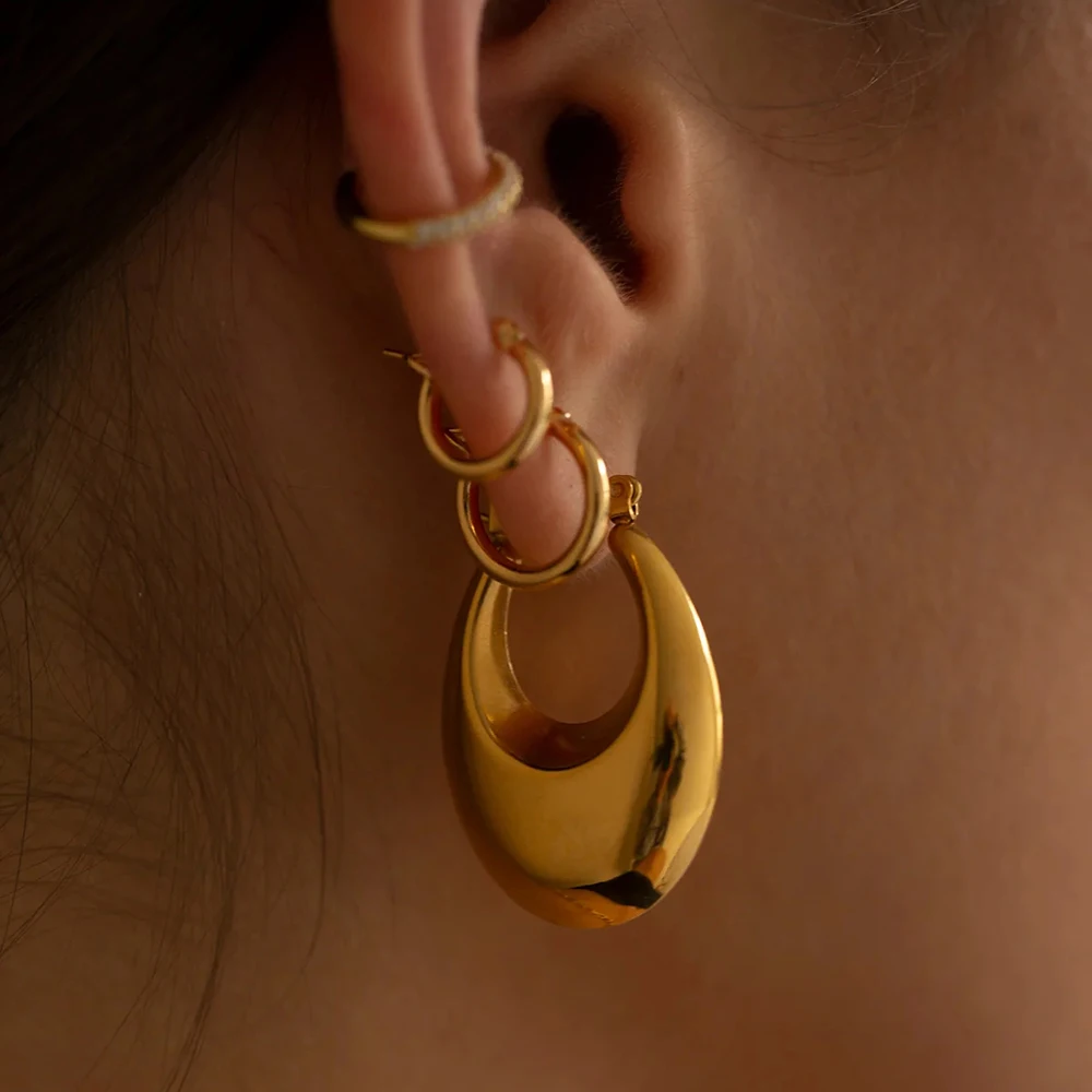 Fashion Glossy Stainless Steel Chunky Hoop Earrings for Women Gold Plated Thick Texture Geometric Circle Earring Vintage Jewelry 5