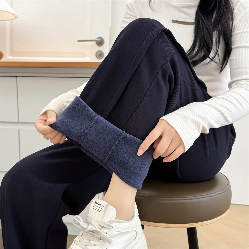 XXXXL Fashion Plus Size Women's Straight Leg Pants Autumn Winter Simple three-dimensional Cut Fleece Warm Casual Trousers 5012