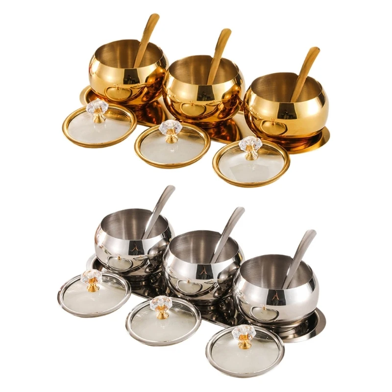 304 Stainless Steel 3 Compartments Spices Jar Set with Serving Spoons and Tray