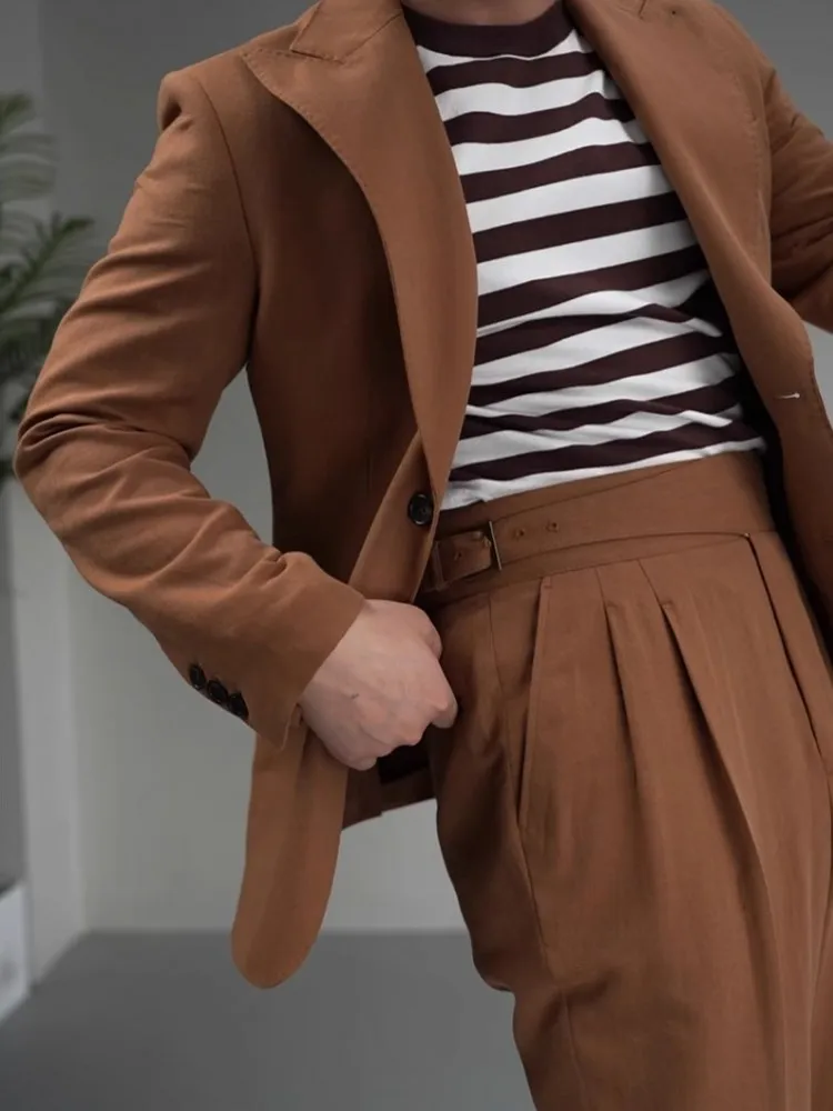 Vintage Business Men Work Suit Set High Quality Cotton Linen Blazer Jacket Pants Two Piece Set Slim Fit Groom Wedding Dress Suit