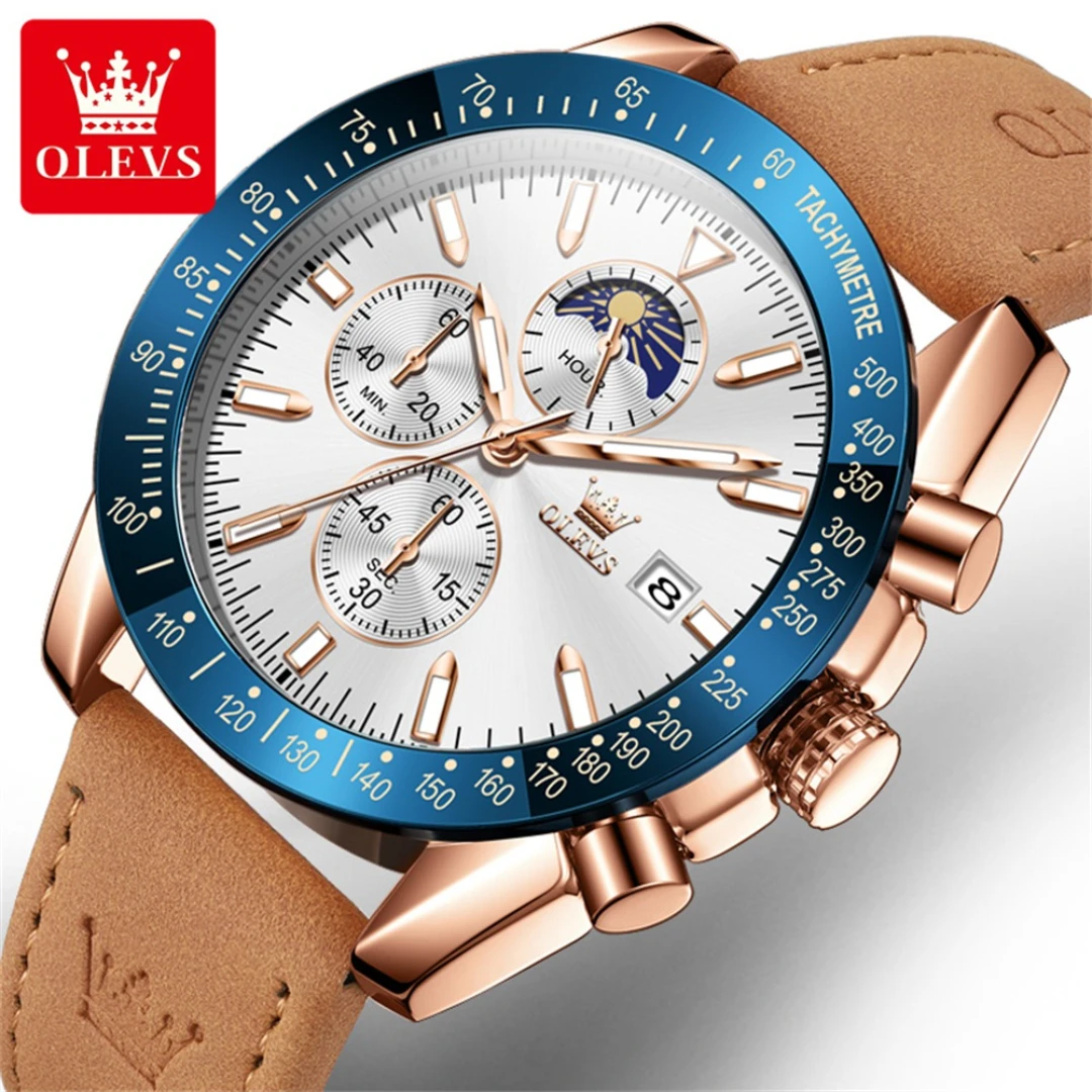

OLEVS 9980 Quartz Fashion Watch Gift Genuine Leather Watchband Round-dial Moon Phase Chronograph Calendar