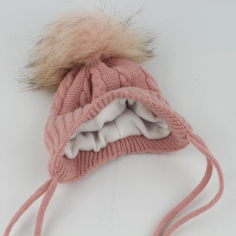 Real Fur Pompom Baby Hat Kids Winter Earflap Cap Fleece Inside Warm Knitted Skullies Beanies For Girls Boys