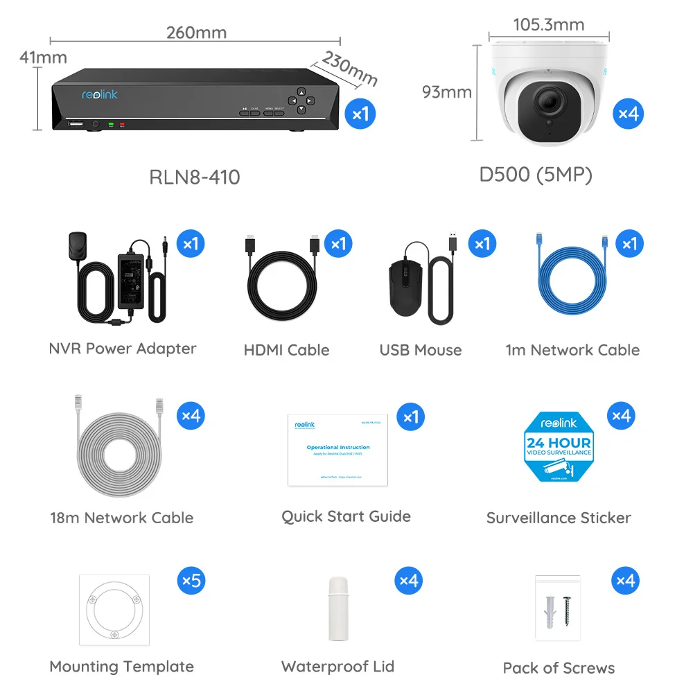 Reolink 8CH 5MP PoE Sistema de cámaras de seguridad para el hogar, 4pcs  Cámaras IP PoE al aire libre con cable de 5MP, 8MP/4K NVR de 8 canales con  2TB