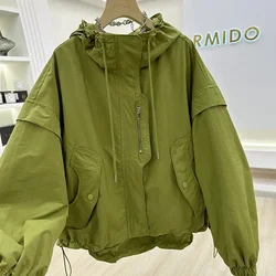 2024 Fashion Spliced Zipper Shirring Printed Hooded Coats Women's Clothing Autumn Winter Loose Casual Windbreake Tops Jackets