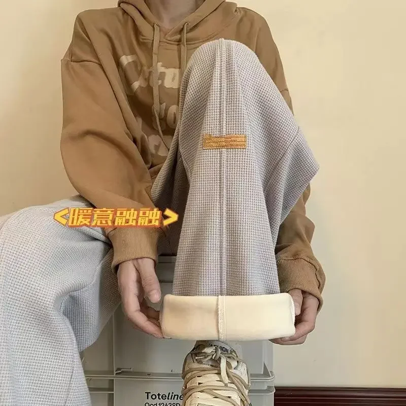 Plus Velvet Wide-leg Pants Men's Waffle High Street 2024 Casual Unisex Oversize Korean Trousers Warm Thicken Straight Sweatpants