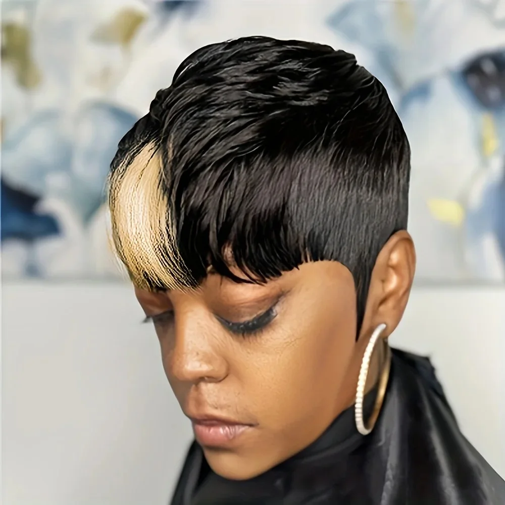 150% 밀도 천연 블랙 1b 613 짧은 스트레이트 픽시컷 레미 인모 머신 메이드 가발