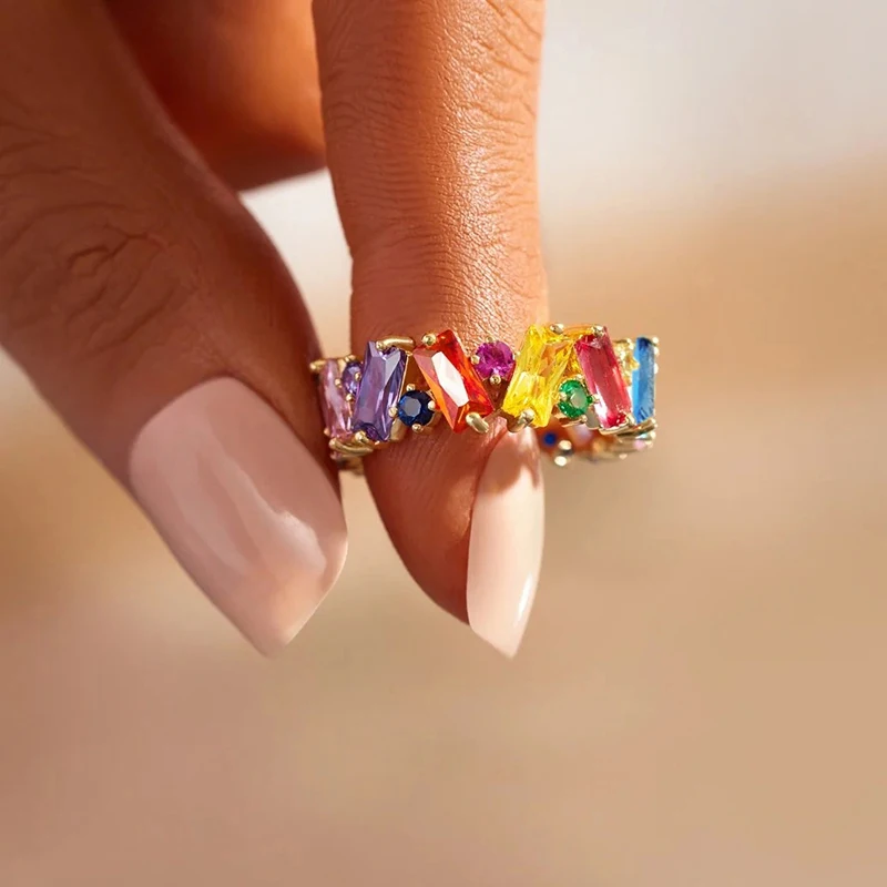 Huitan Irregualr Design Colorful CZ Women Rings Gold Color/Silver Color Geometric CZ Rainbow Rings Luxury Trendy Jewelry