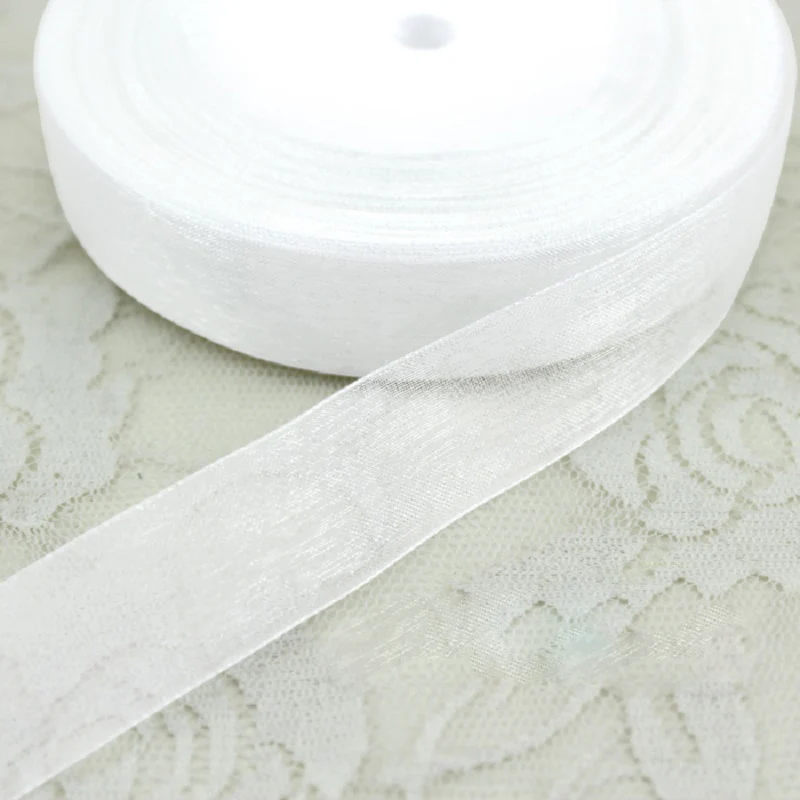 White Organza Ribbon for Gift Wrapping Decoration, Handmade DIY Ribbons, Wholesale, 50 Yards/Roll, 12mm, 15mm, 20mm, 25mm, 40mm,