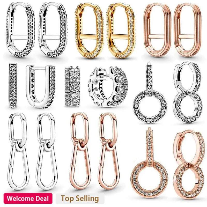 New 925 Sterling Silver Original Women's ME Pav é Dense Chain Ring Earrings ME Double Link Chain Ring Earrings DIY Charm Jewelry