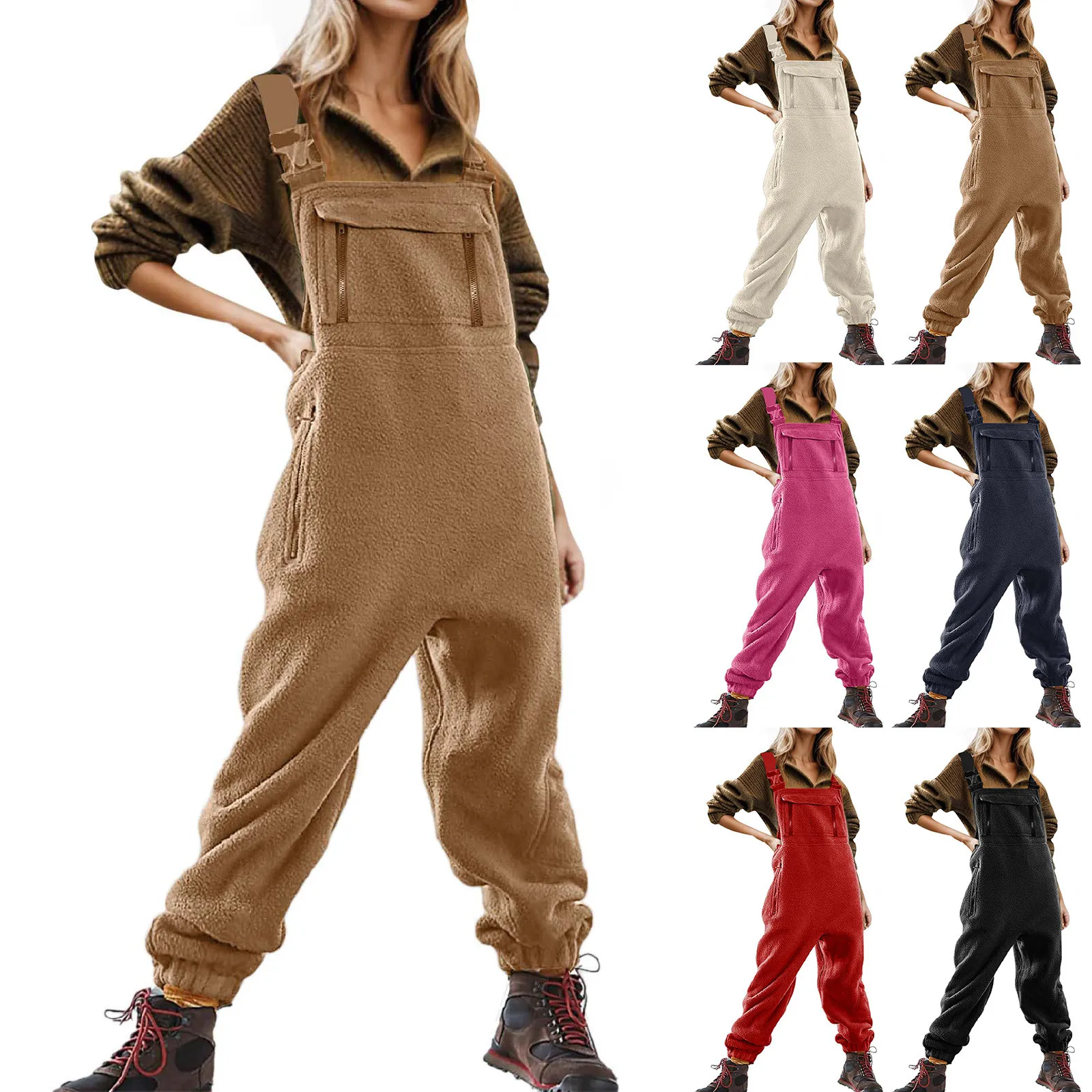 Vintage Women Overalls Korean Style Big Pockets Fleece Jumpsuits Fashion Casual Wide Leg Pants