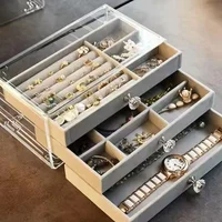 Acrylic Velvet Jewelry Organizer with 3 Drawers Stackable Display Storage Earrings Necklace Bracelets Box Holder Case for Women 2