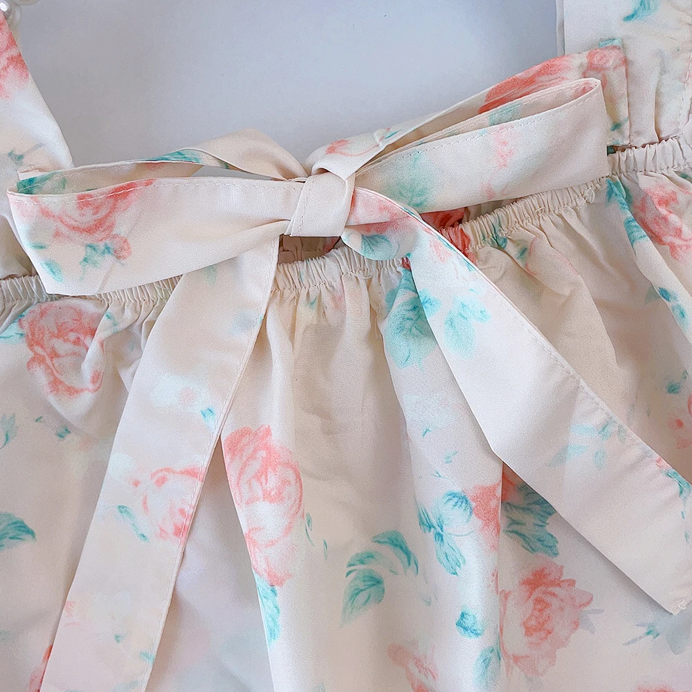 Neues Sommer Mädchen Kleid mit Rüschen fliegende Ärmel Blumen druck Kleid Mädchen Kinder niedlichen frischen Druck Prinzessin Kleid