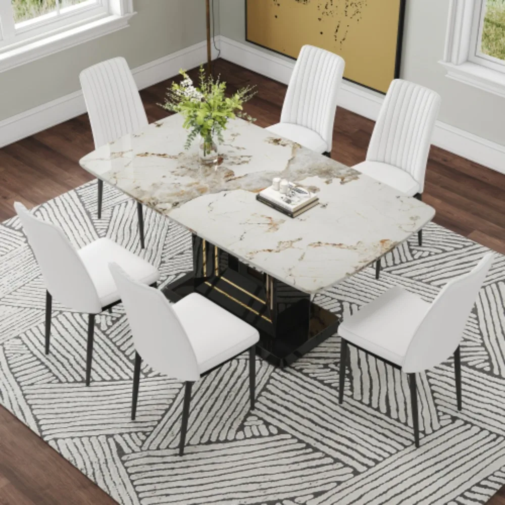 7 Piece Dining Table Set for 6,Faux Marble Top Dining Room Table, 6 PU Dining Chairs, for Room Kitchen, Black+White