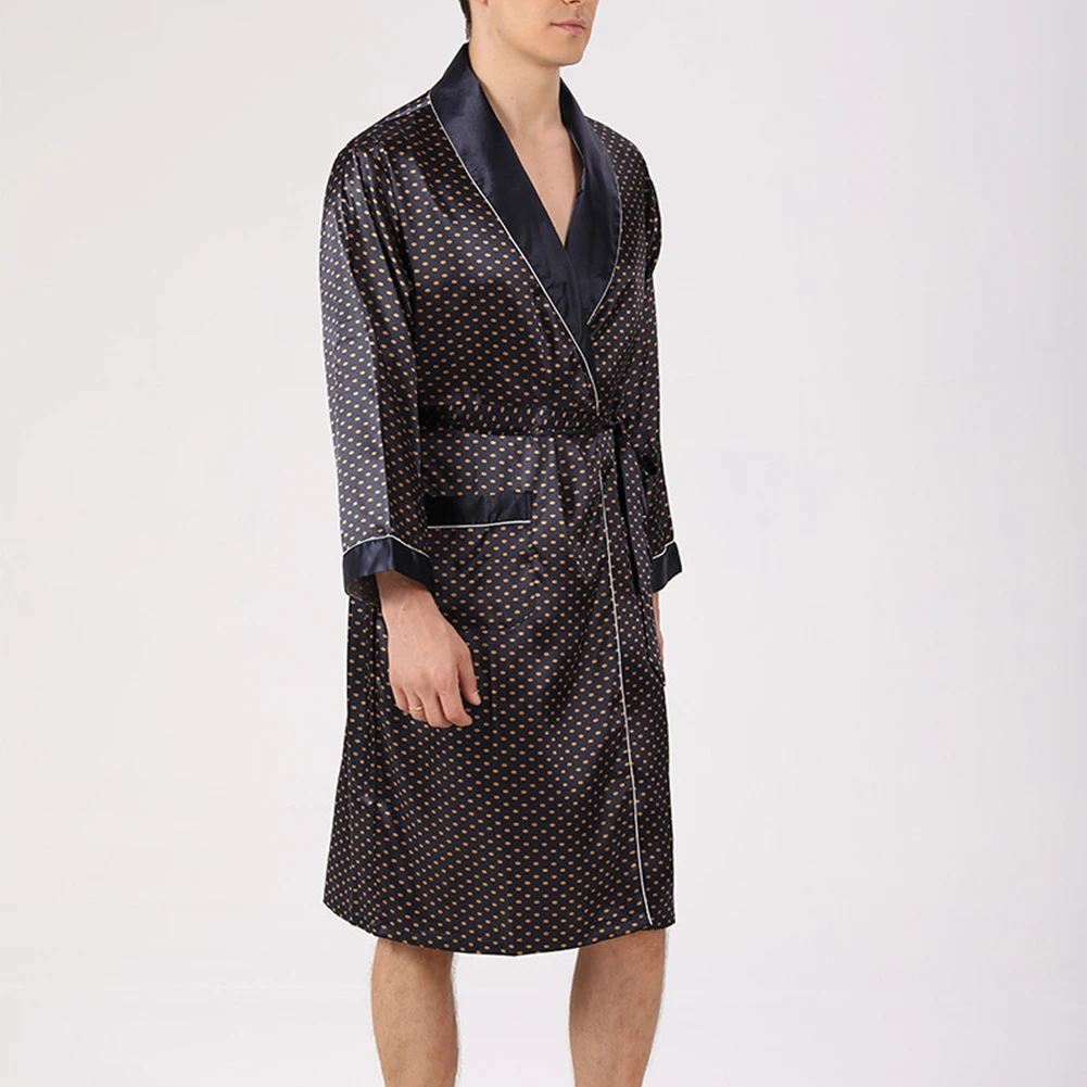 Men Robe Emulation Silk Bathrobe Smooth Long Sleeve Underwear Lightweight Baggy Nightgown Summer Thin Breathbale Lingerie