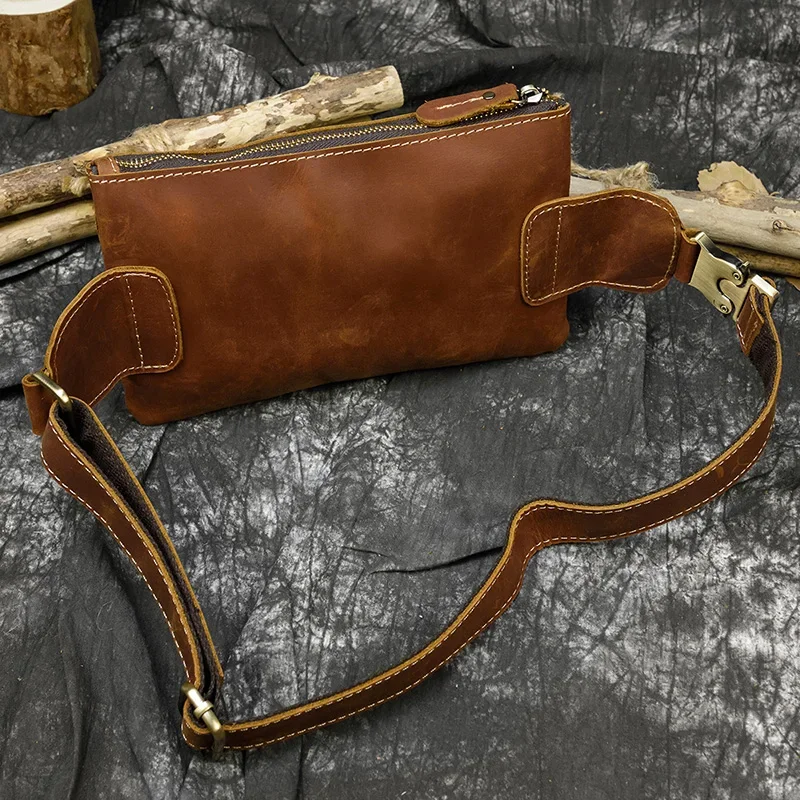 Leather Waist Bag Outdoor Men Fanny Pack with 3 Zipper
