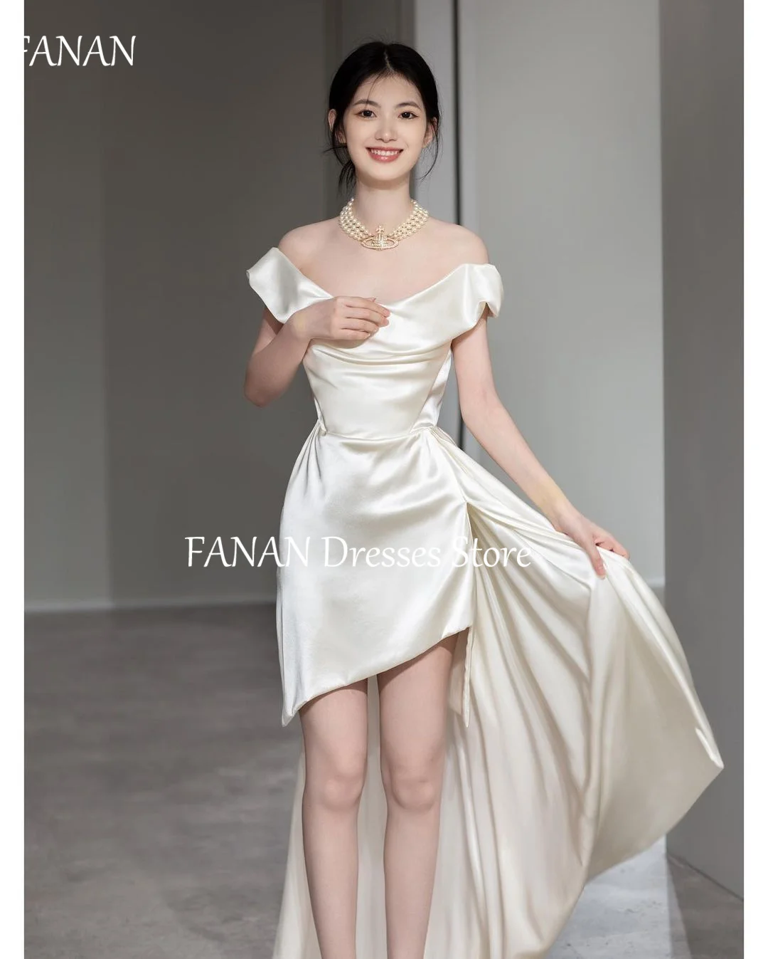 FANAN Korea Sheath Ivory Off the Shoulder Wedding Dresses Satin Backless Hi-Lo 웨딩드레스  Ruched Customized Bride Gowns Plus Size 4