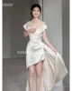 FANAN Korea Sheath Ivory Off the Shoulder Wedding Dresses Satin Backless Hi-Lo 웨딩드레스  Ruched Customized Bride Gowns Plus Size 4