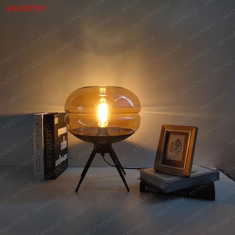 현대 거실 파란색 유리 테이블 램프 크리 에이 티브 아트 하드웨어 선반 E27 책상 램프 침실 장식 램프