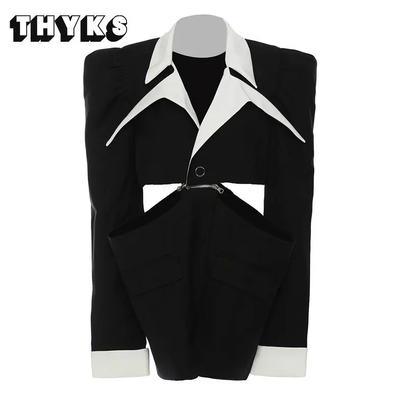

New Splice Suit Women Removable Black Slim Fit Large Polo Collar Long Sleeves Blazer Dress Loose Fitting Jacket Street Style