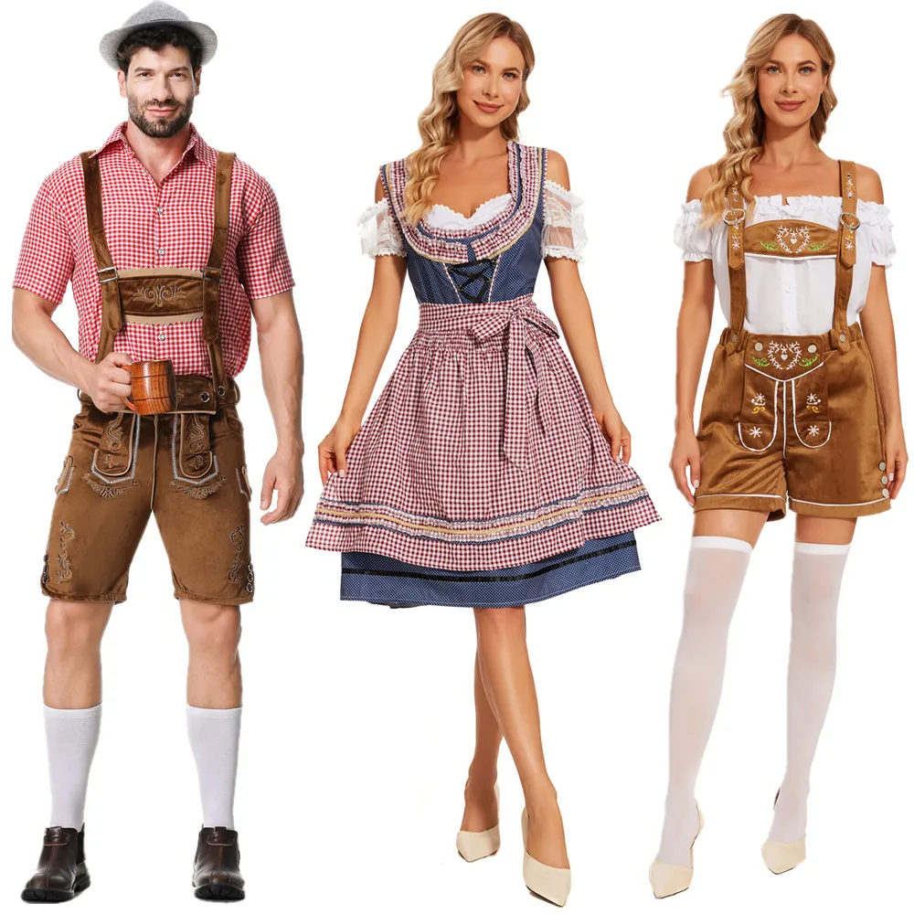 

Traditional Bavarian Couples Oktoberfest Costume Women Men Plaid Dirndl German Bartender Waitre Cosplay Carnival Party Outfits