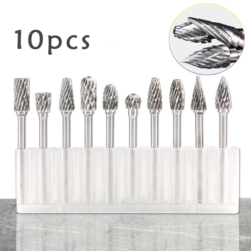 

10pcs 1/8 Inch Shank Tungsten Carbide Rotary Burrs Drill Bits for Metal Burr Double Diamond Milling Cutter Mini Cone Drill Set